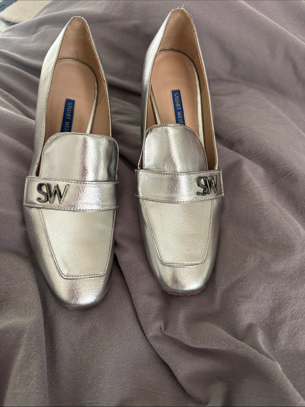 Stuart Weitzman Metallic Silver Leather Loafers